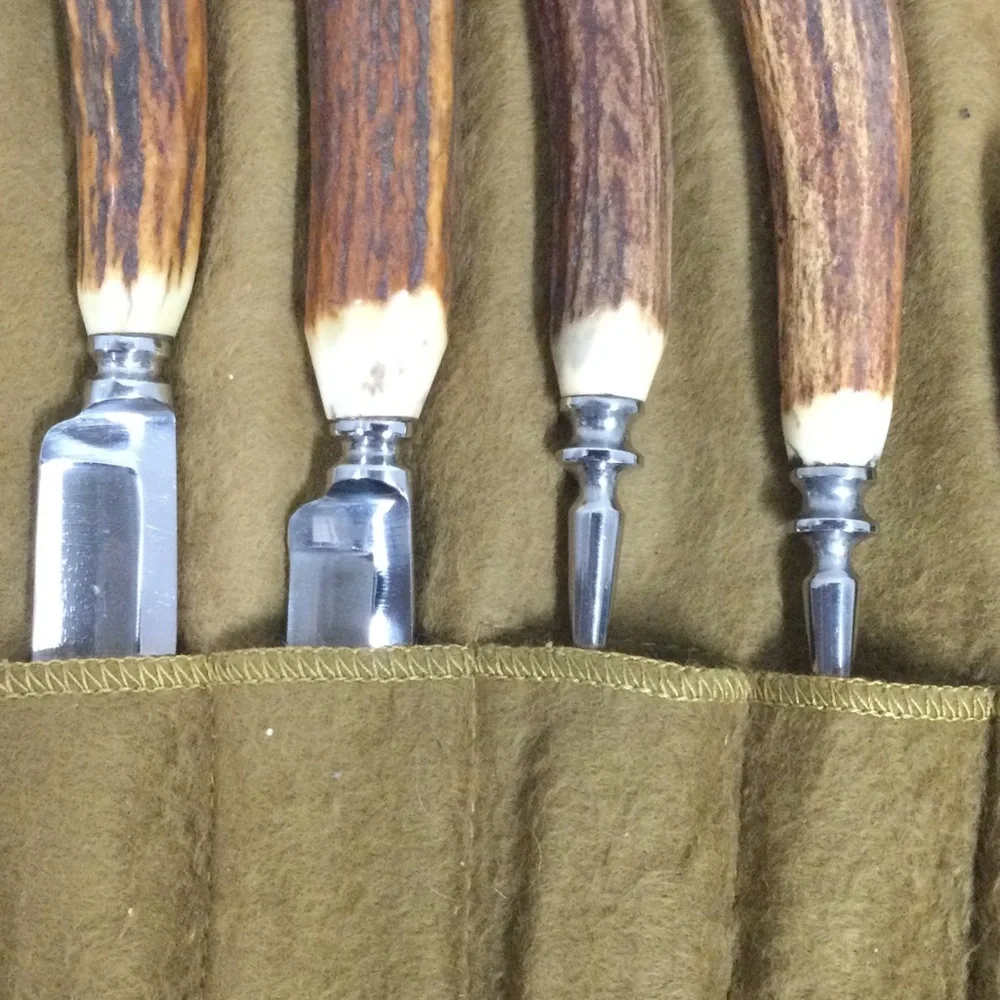 Vintage Stag Horn Flatware Antler Handle Steak Knife & Fork Set 12 Rustic Brown